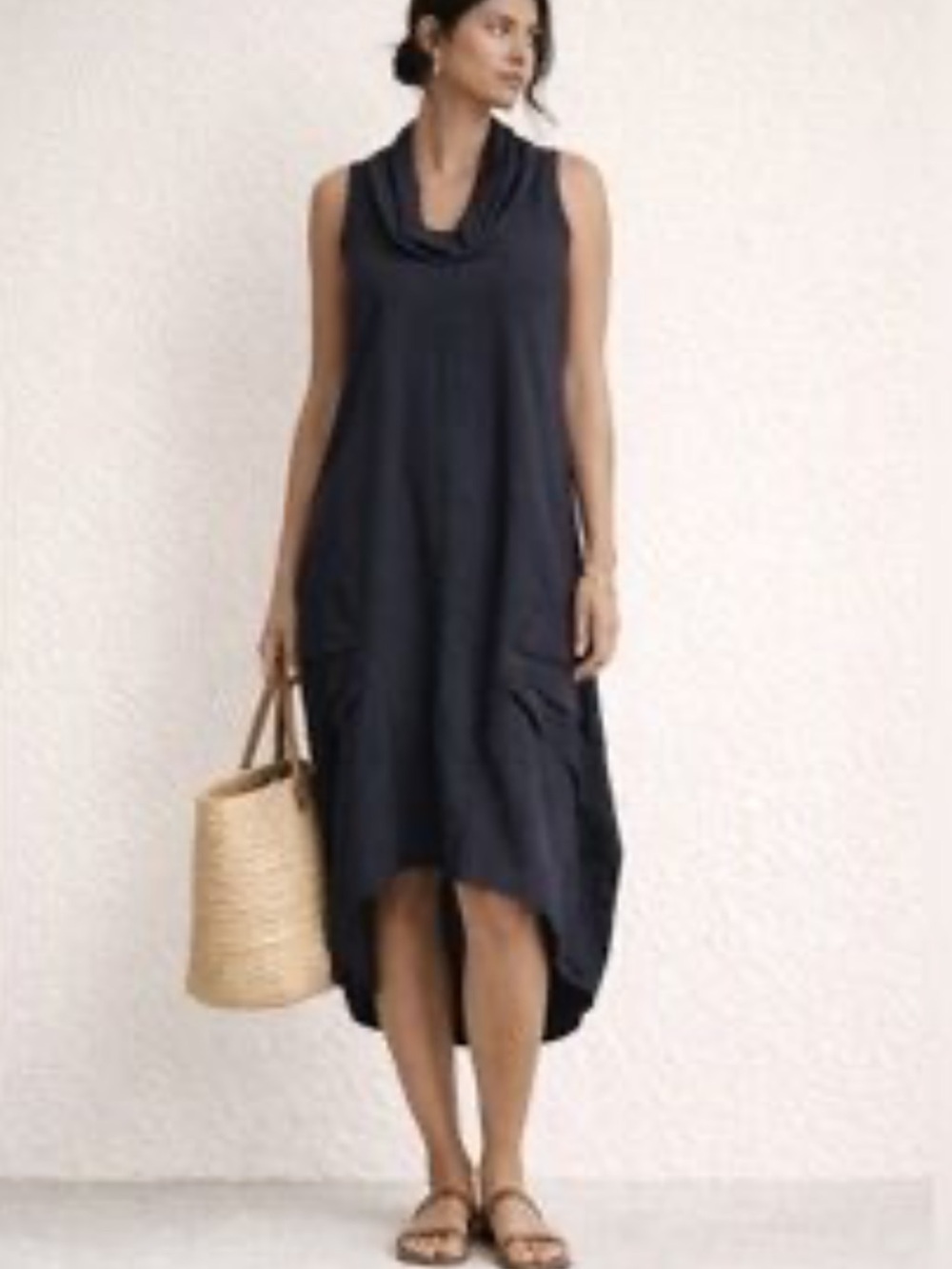 Cynthia Rowley | Linen Blend Cowl Neck High-Low Midi Dress, Black, Size L/XL